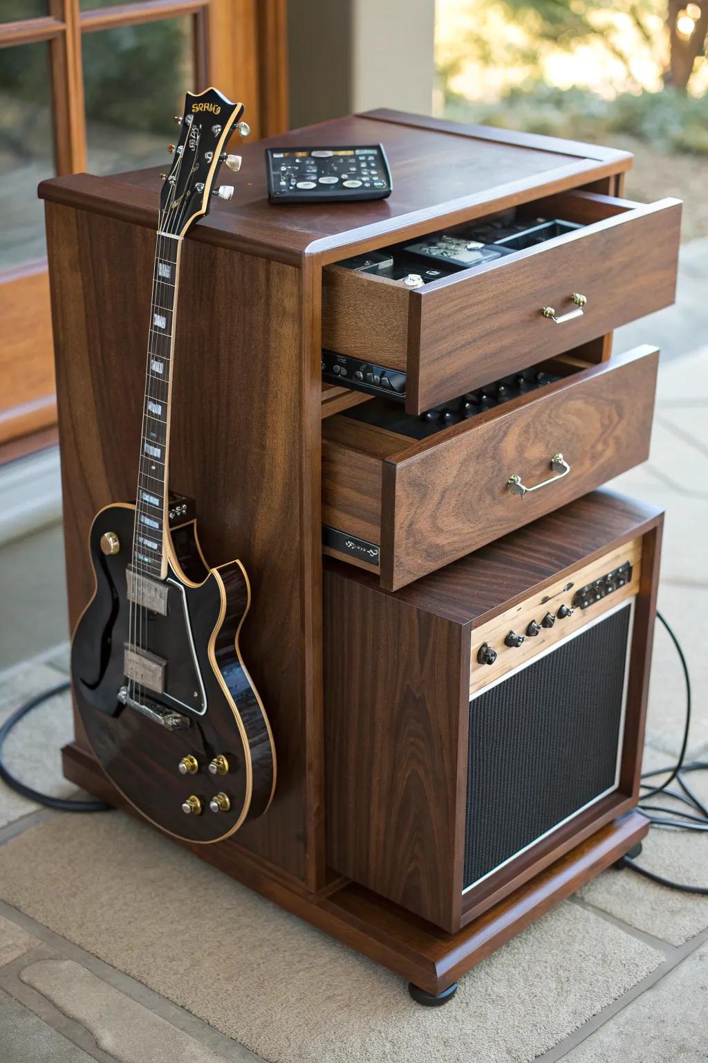 Elevate your music space with this sophisticated guitar and amp stand – where craftsmanship meets convenience.