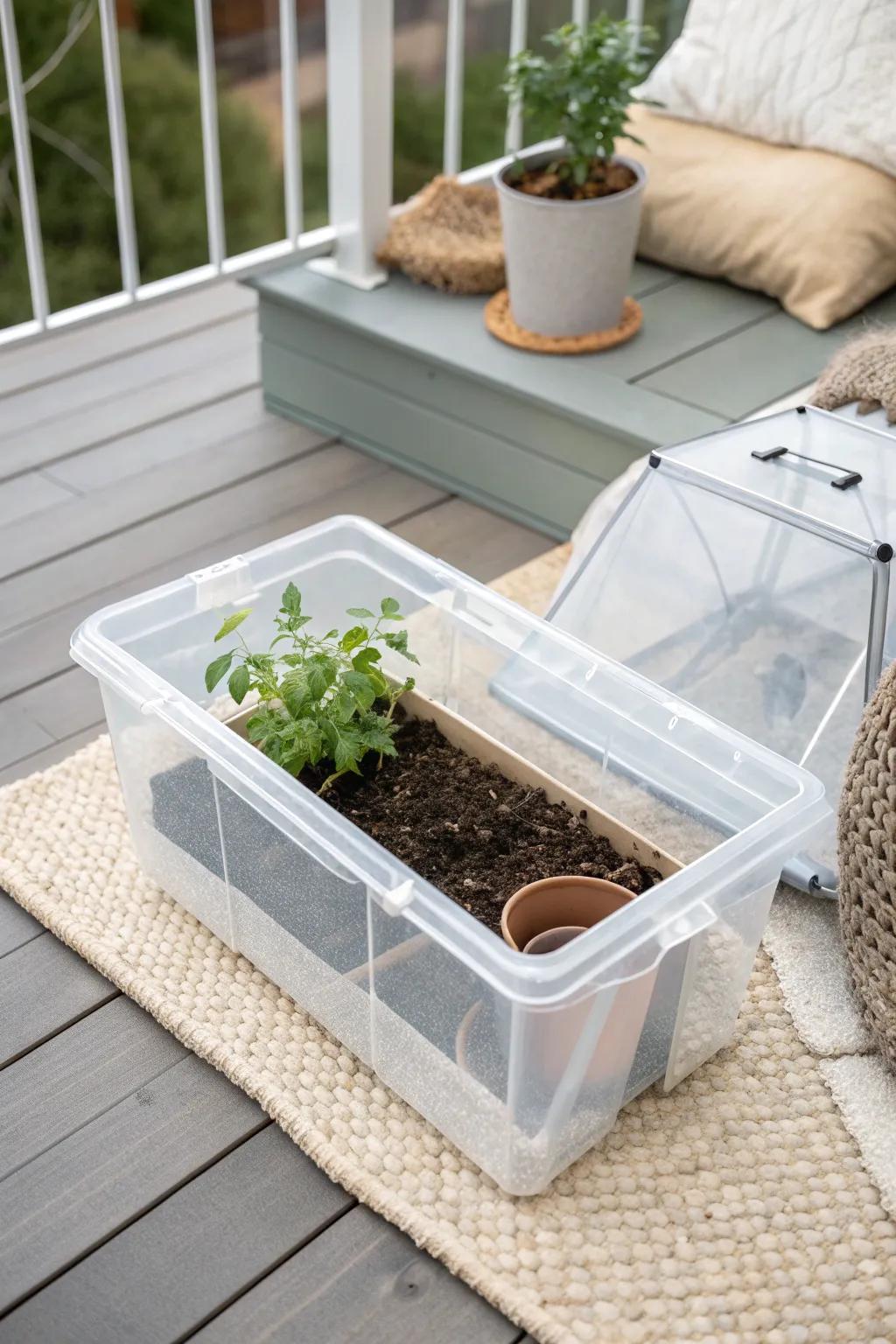 Transform your balcony garden with this chic DIY mini greenhouse idea: a clear storage bin for simple, stylish plant protection!