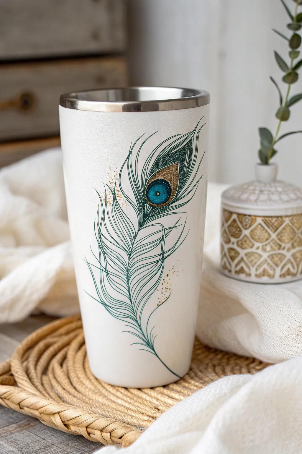 Sip in style with this stunning peacock feather tumbler, where elegance meets simplicity.