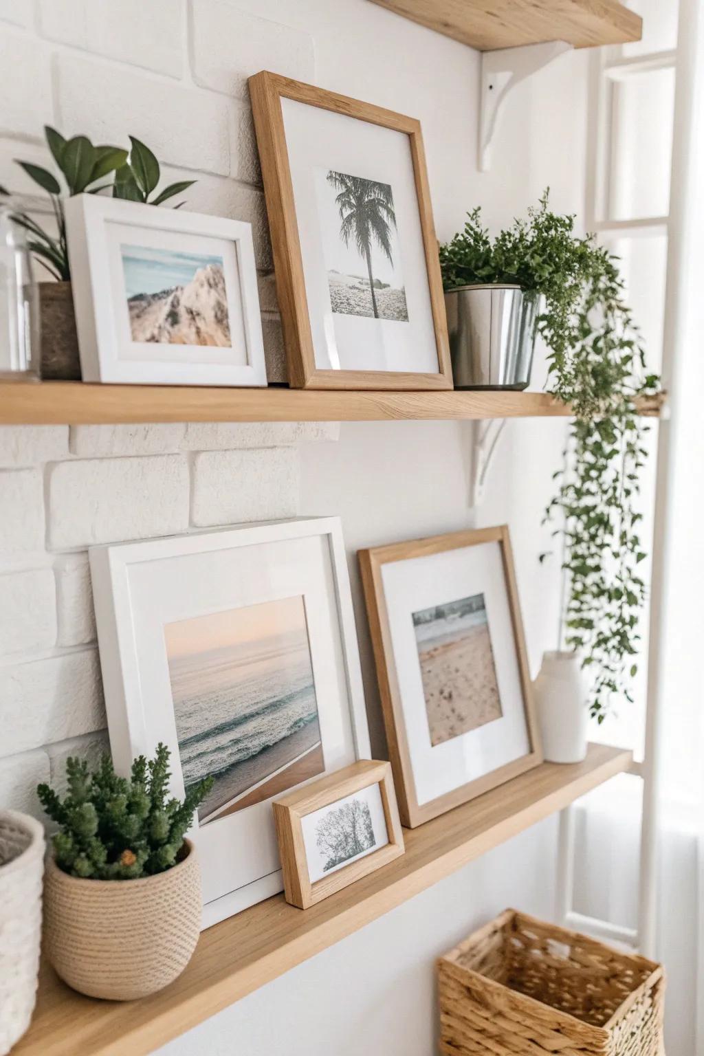 Create depth and charm with a layered photo display that combines Scandinavian simplicity with a touch of Boho flair.