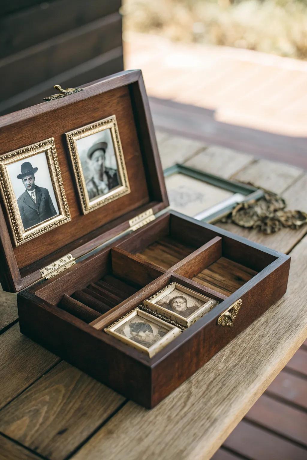 Transform cherished memories into timeless art with a vintage cigar box display.