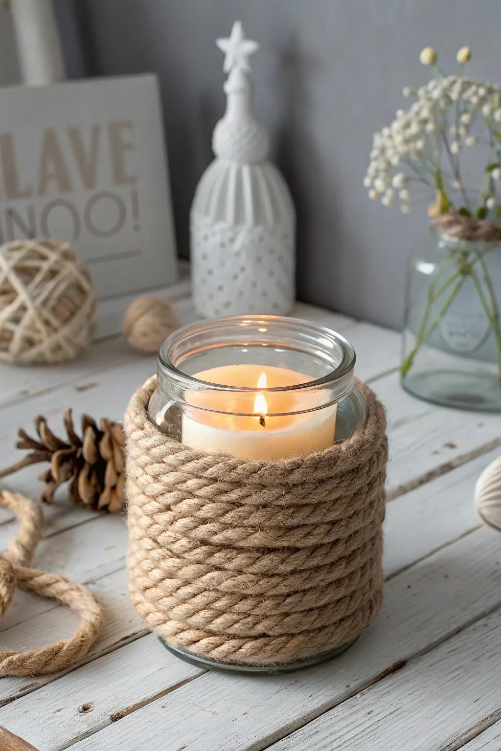 Embrace rustic elegance with this DIY rope candle holder, perfect for adding warmth to your minimalist decor.
