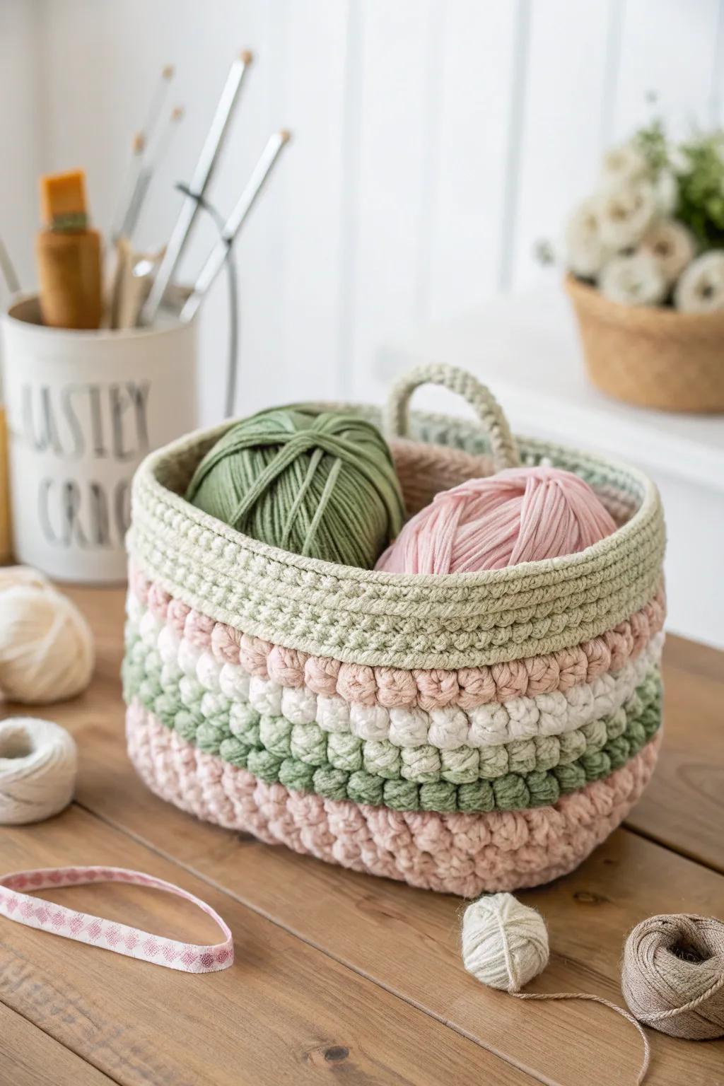 Elevate your space with this charming scrap yarn basket – a perfect blend of minimalism and boho chic!
