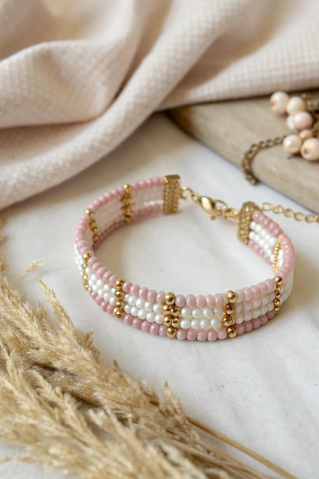 Delicate and Playful: Discover the charm of pink and white seed beads with brass accents in this elegant bracelet.