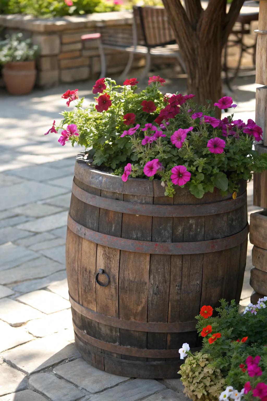 Transform your patio with a handcrafted rustic barrel planter, bursting with vibrant blooms.