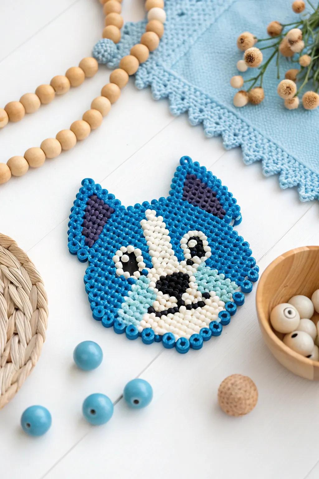 Add a playful pop of color with this charming blue perler bead dog face!