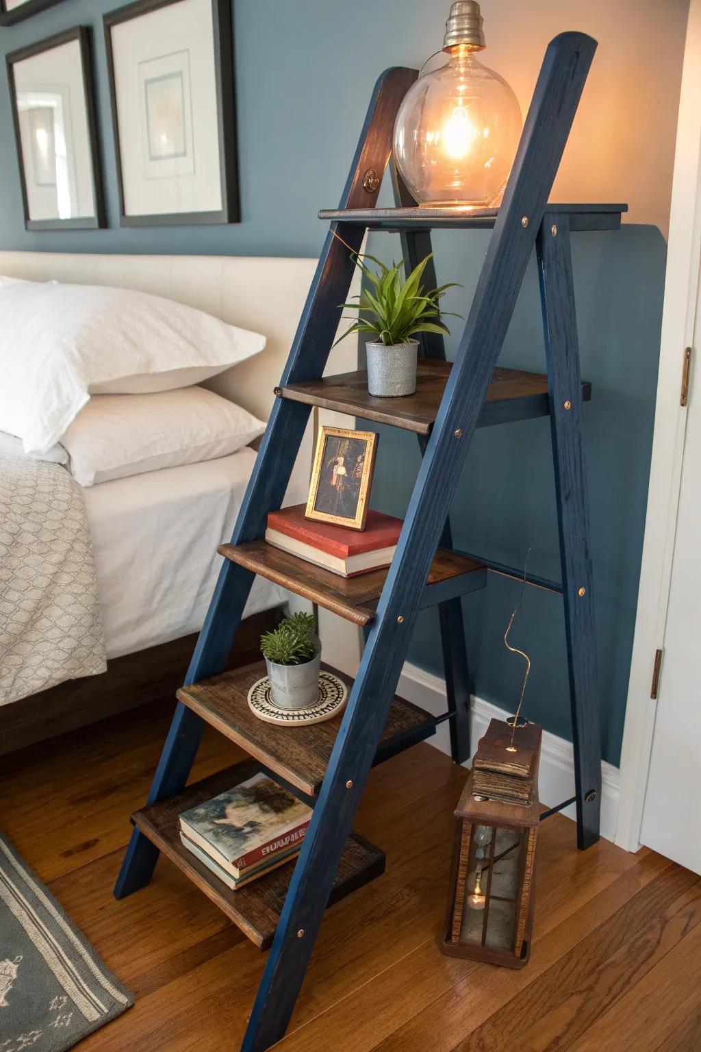 Elevate your bedroom decor with a repurposed ladder nightstand – where creativity meets craftsmanship.