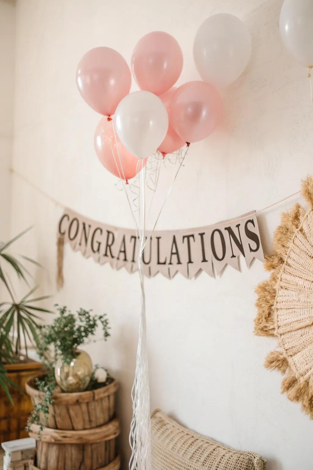 Celebrate in style with a floating congratulations banner that captures the essence of minimalist elegance.