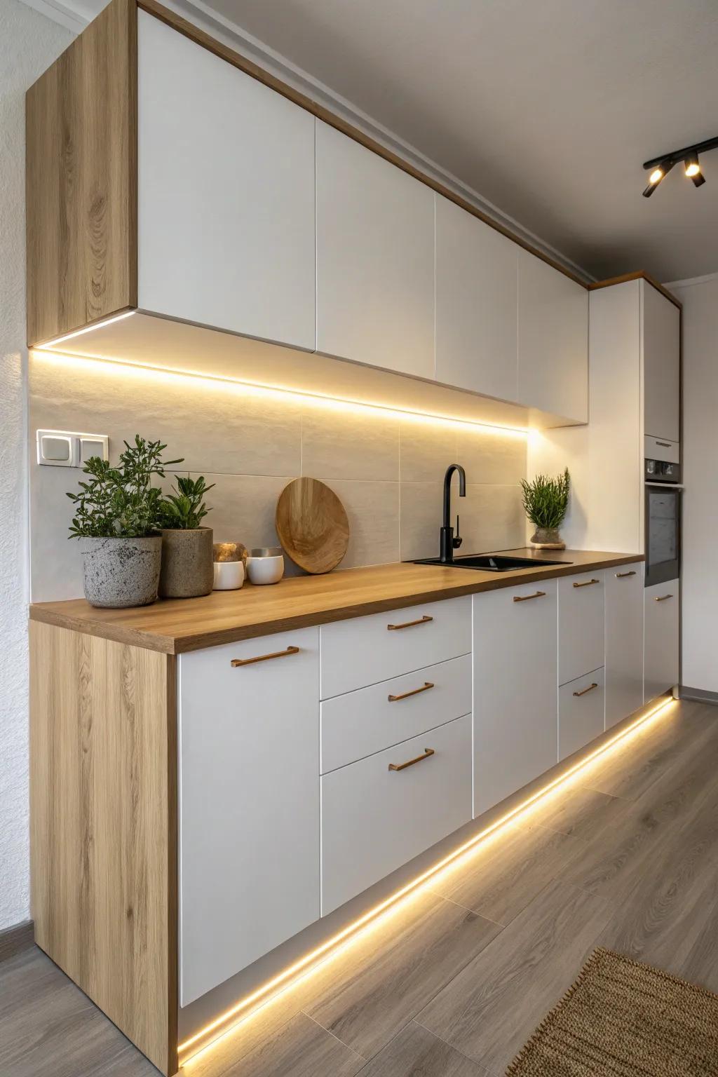 Transform your kitchenette with chic under-cabinet lighting for a cozy and stylish vibe.