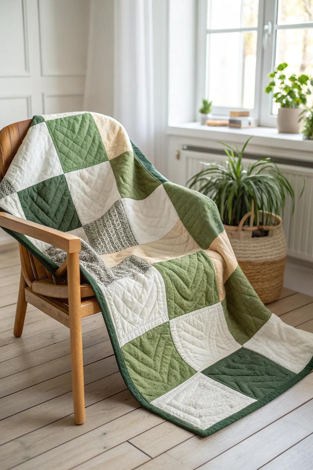 Embrace modern simplicity with this striking green block quilt design, perfect for adding a touch of natural elegance to any space.
