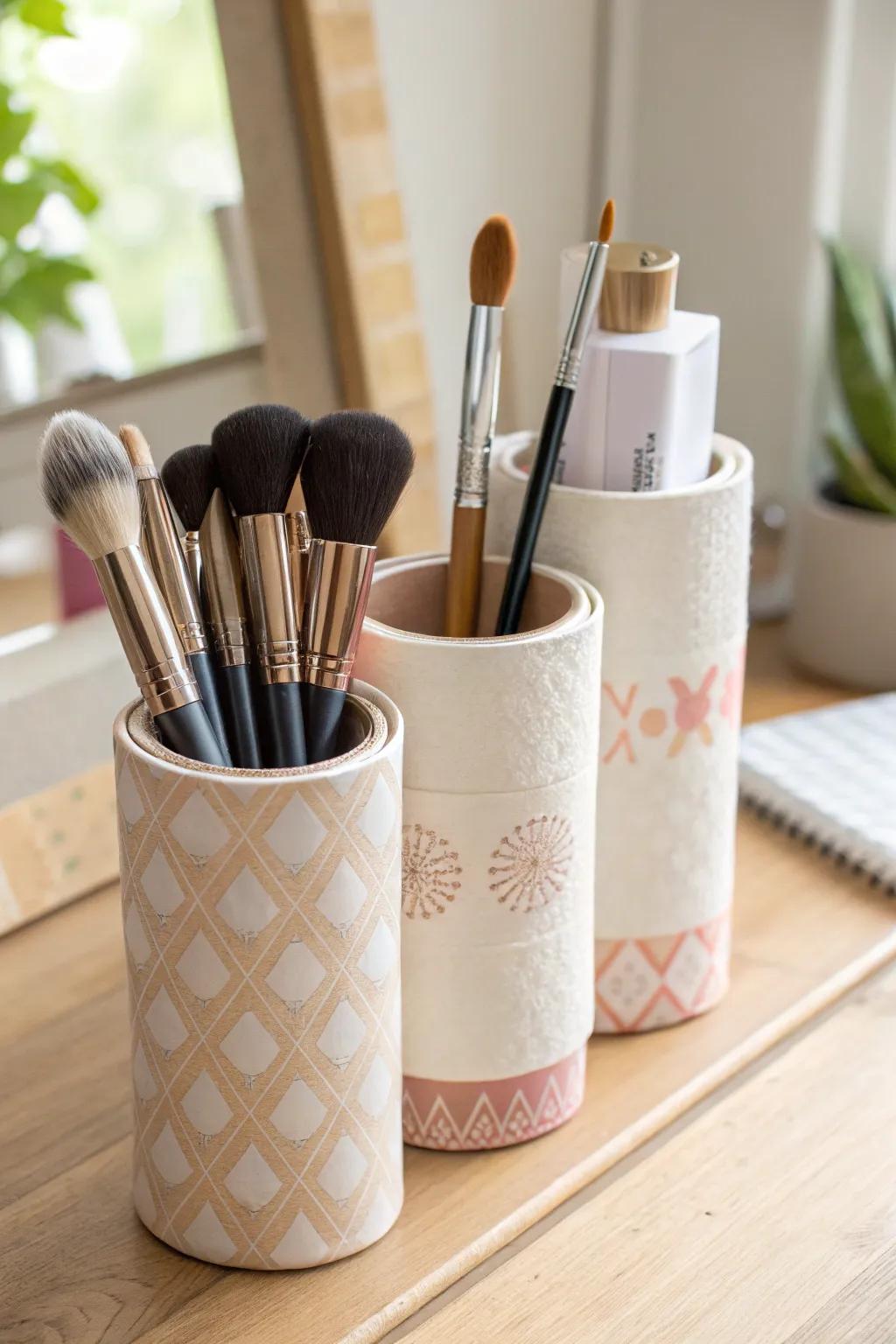 Transform everyday items into chic makeup storage with this DIY paper towel roll caddy. Simple, stylish, and oh-so-functional!