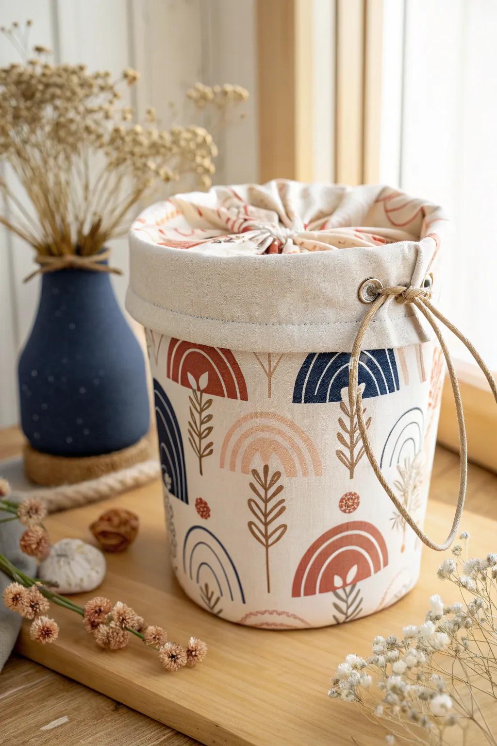 Transform clutter into art with a fabric-covered storage bucket that blends Scandinavian minimalism with boho charm.