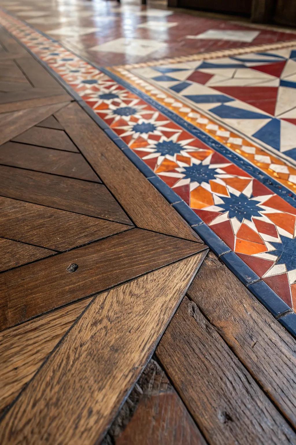 Discover the art of mixing materials: where rustic wood meets vibrant tiles for a stunning floor design.