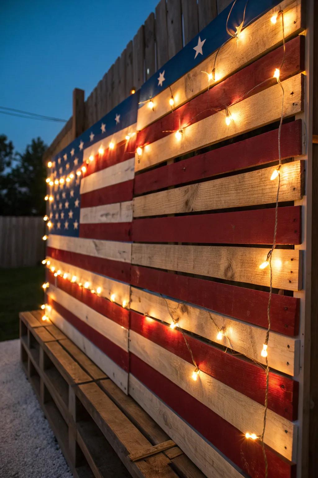 Brighten up your space with a handcrafted pallet flag, beautifully illuminated by warm string lights. Perfect for those who love bold colors and rustic charm.