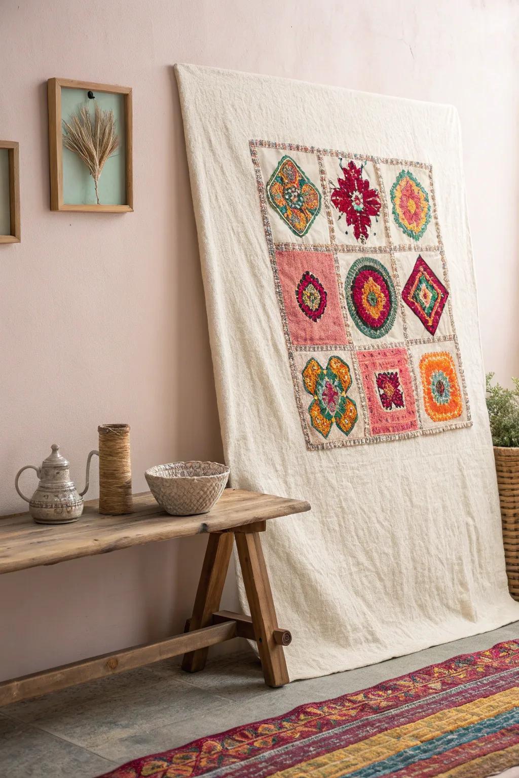 Elevate your patch collection with a fabric-covered canvas display that combines minimalist elegance with Boho charm.