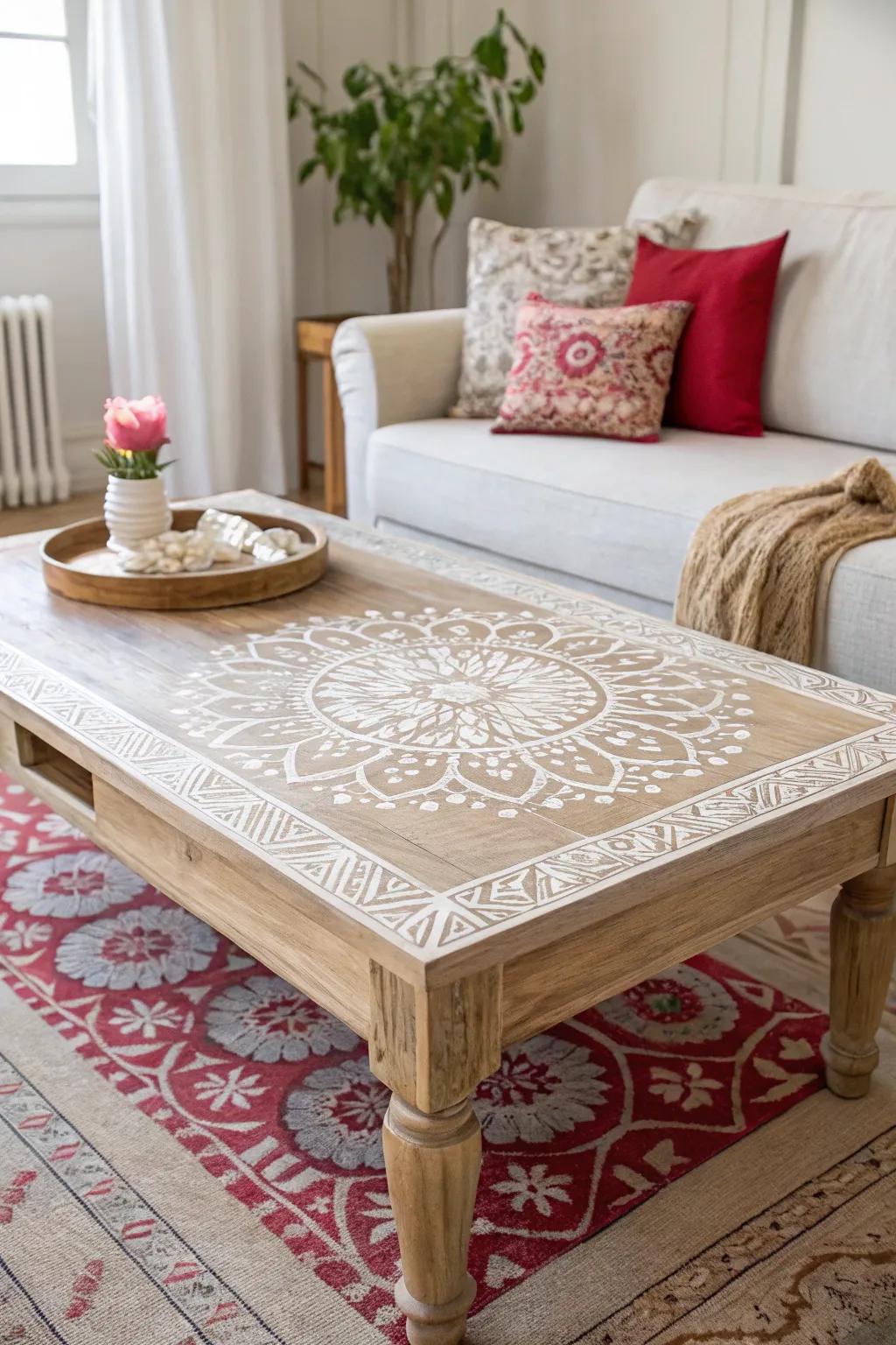 Transform your space with stenciled elegance: A floral masterpiece on a minimalist coffee table.
