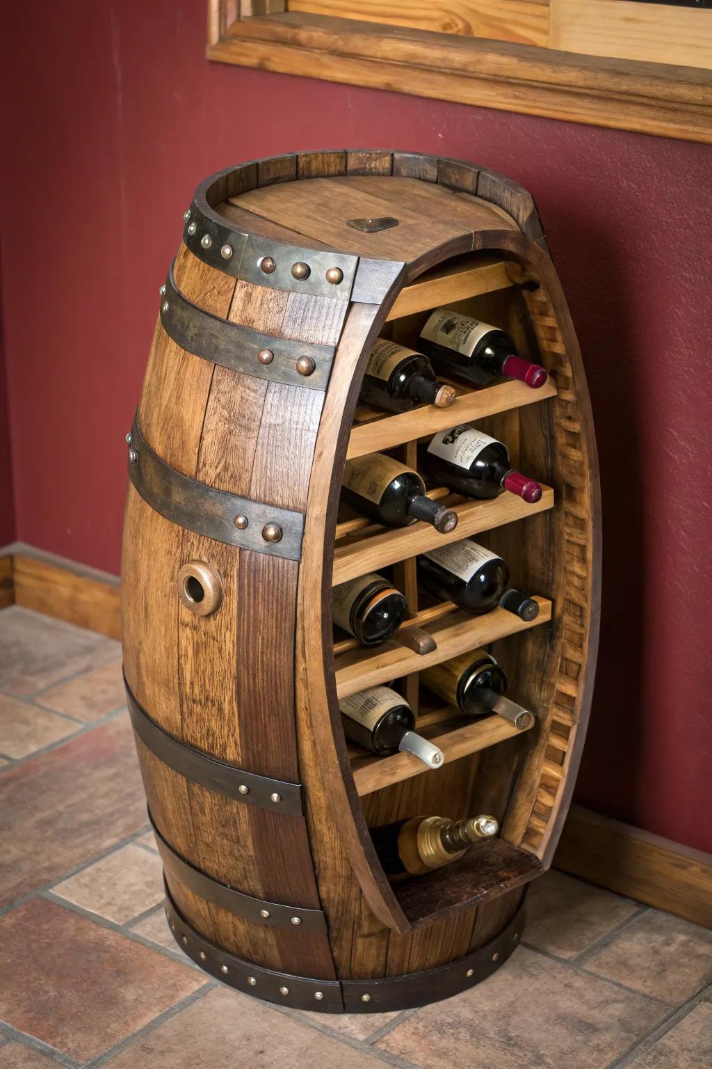 Transform tradition with a touch of craftsmanship: a unique barrel wine rack that captivates and impresses.