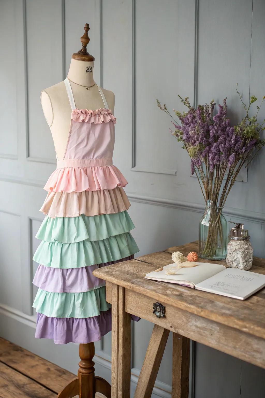 Elevate your baking days with a touch of ruffled elegance. Discover the charm of pastel hues and delicate layers in this handcrafted apron.