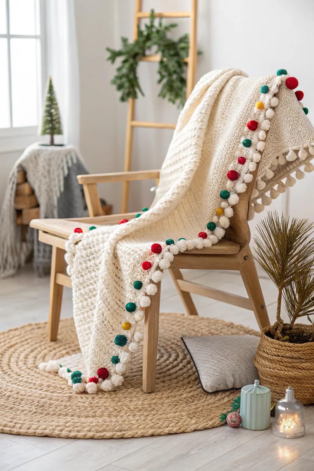 Add a touch of whimsy to your holiday decor with a crochet blanket adorned with playful pom-poms.