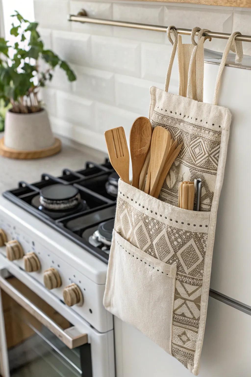 Crafted with care: Elevate your kitchen's style with this chic and functional fabric utensil caddy.