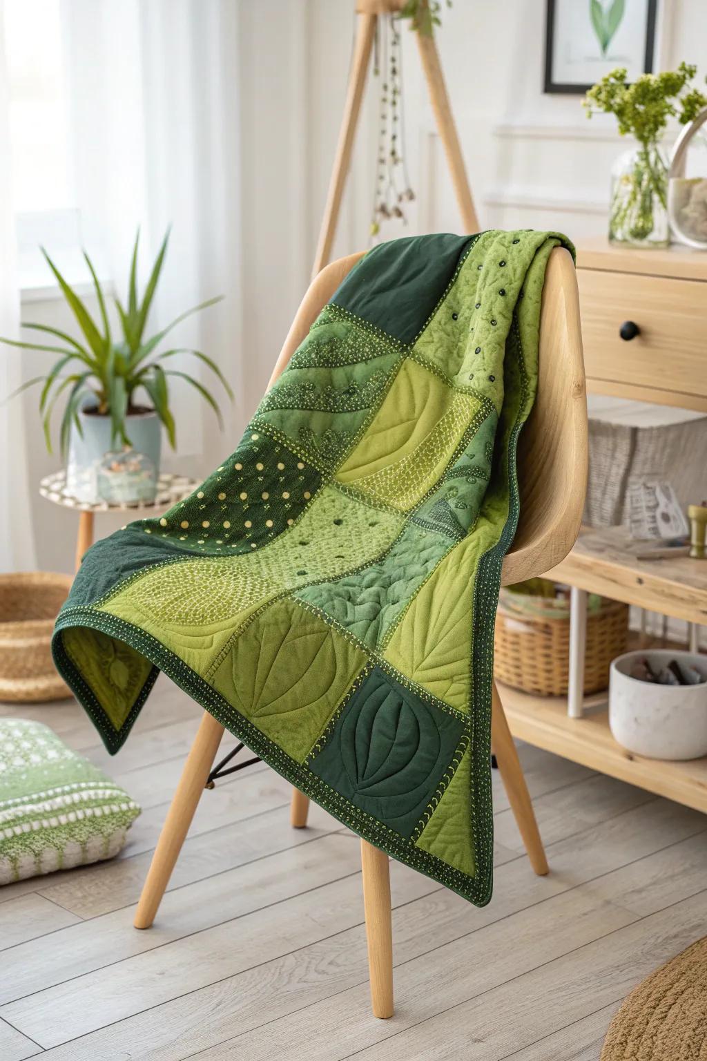 Discover the art of green: a quilt that harmonizes shades from lime to forest.