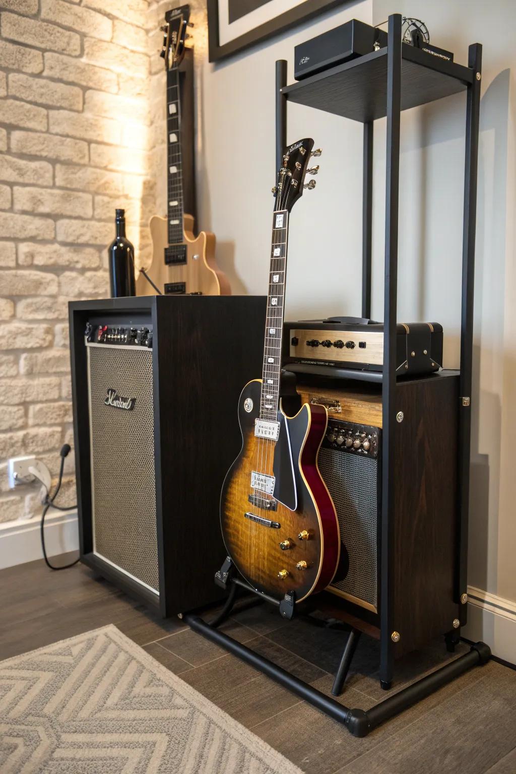 Maximize your space with style: The ultimate corner stand for your guitar and amp.