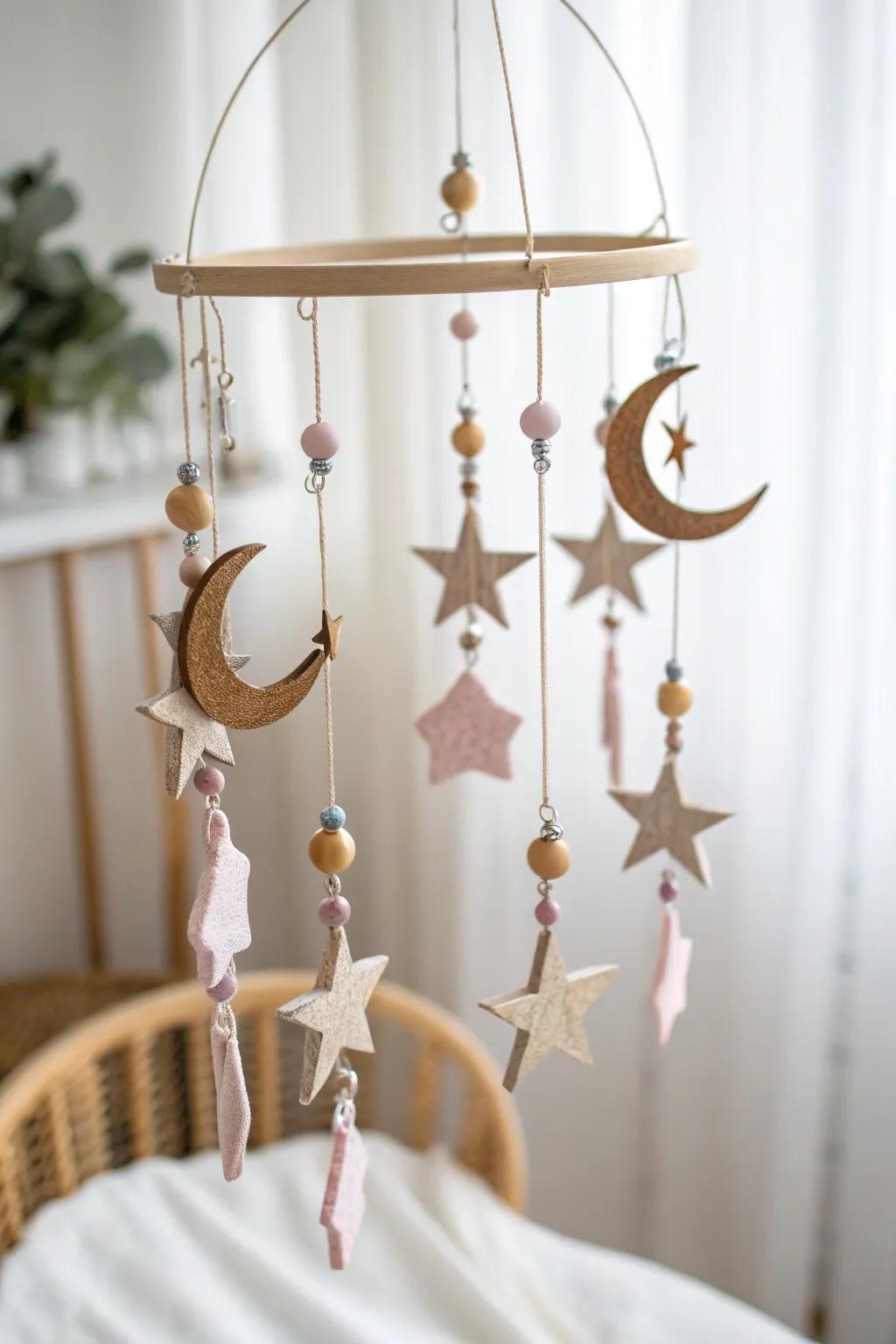 Dream under the stars with this enchanting celestial mobile, perfect for adding a touch of magic to any nursery.
