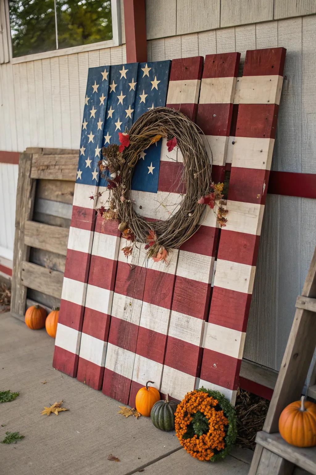 Elevate your pallet flag with a seasonal wreath for a rustic, yet refined touch.