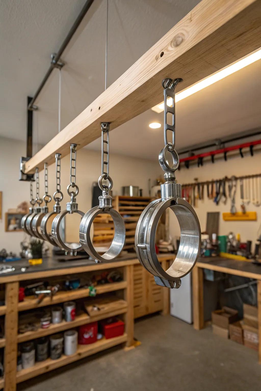 Maximize your workshop space with stylish overhead pipe clamp storage!
