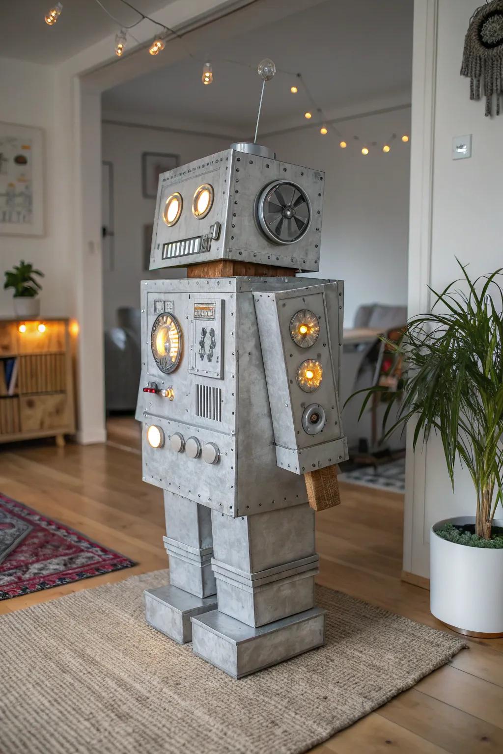 Embrace creativity with this chic homemade robot costume, where minimalism meets a touch of Boho charm.