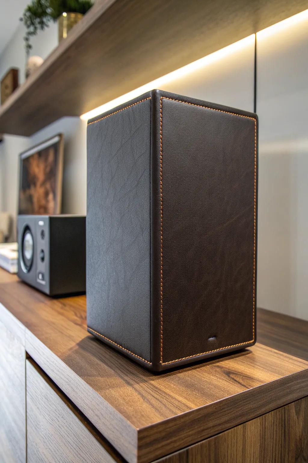 Elevate your space with the timeless elegance of a faux leather speaker cover.