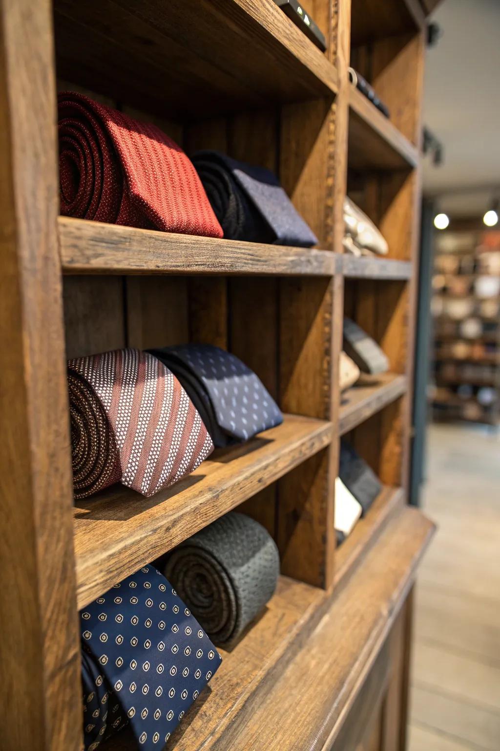 Elevate your style with a touch of rustic elegance—discover the art of tie display with reclaimed wooden shelves.