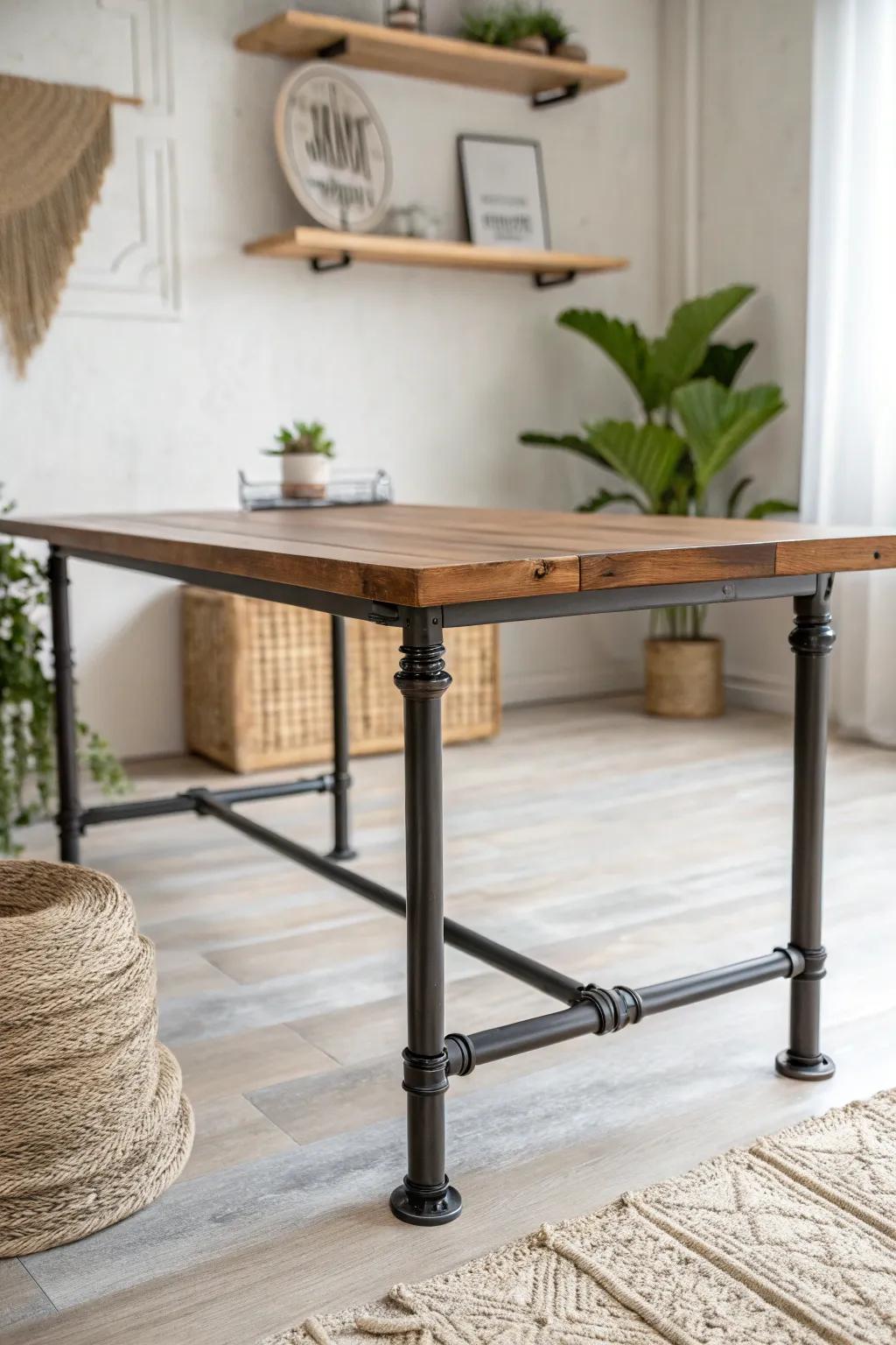 Elevate your space with industrial elegance: Upcycled table with sleek pipe legs.