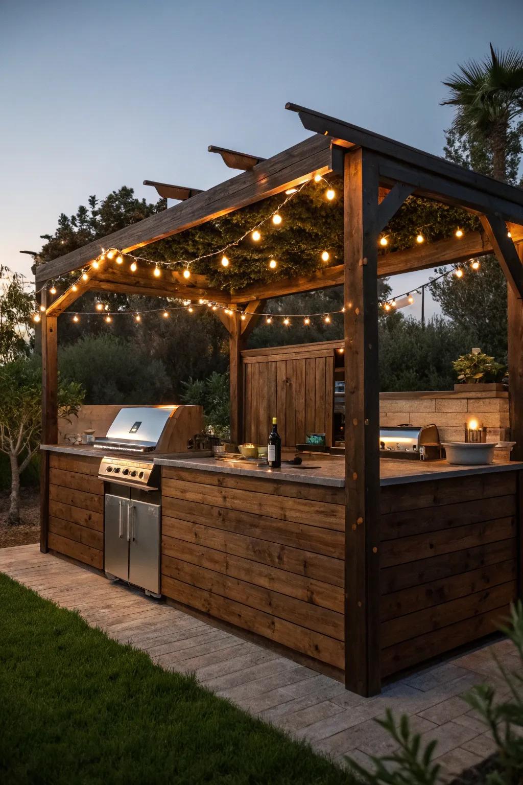Transform your grill station into a magical evening retreat with enchanting string lights.