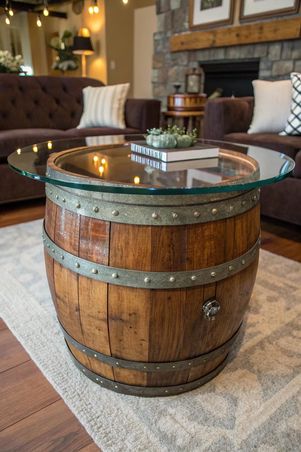 Elevate your living room with this distinctive barrel coffee table—where rustic elegance meets modern flair.