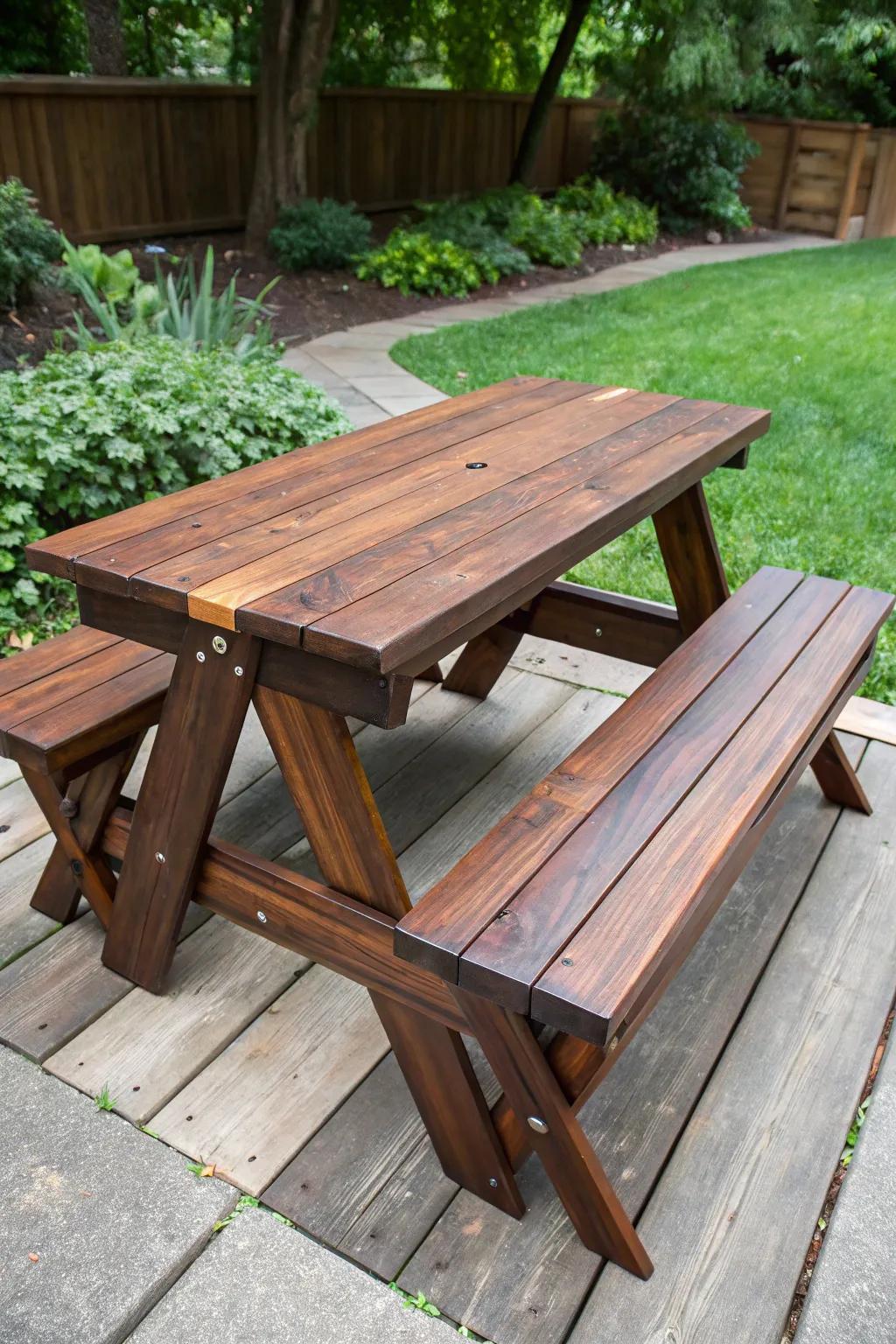Transform your outdoor space with this expertly crafted convertible picnic bench—where functionality meets artistry.
