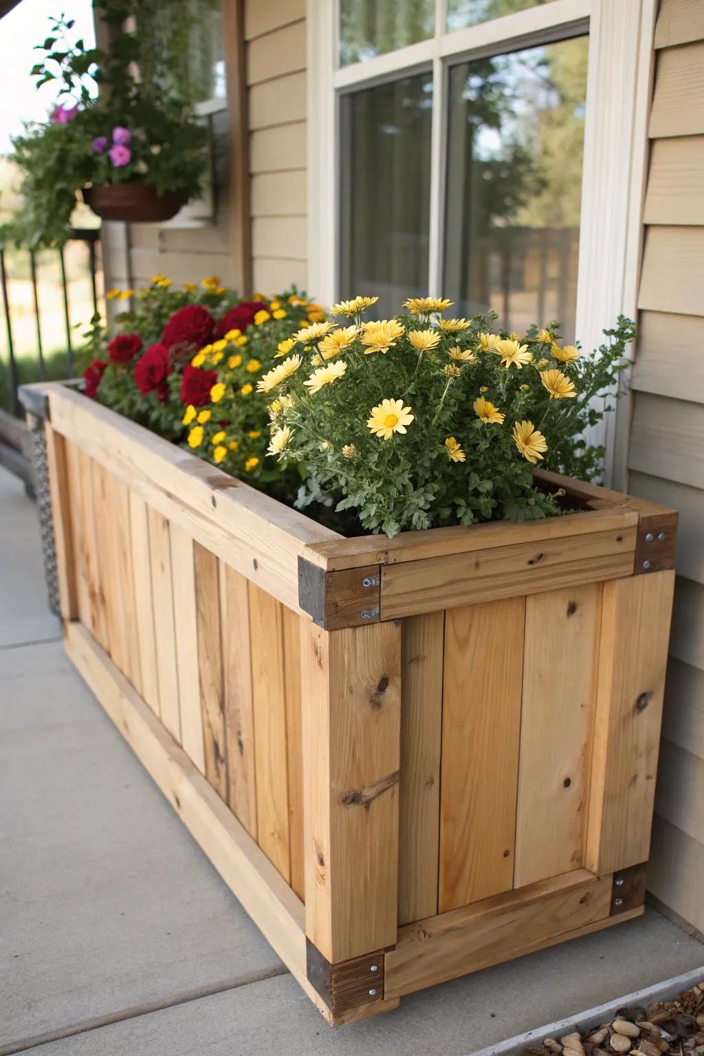 Elevate your porch with this handcrafted 2x4 planter box, a perfect blend of rustic charm and blooming beauty.