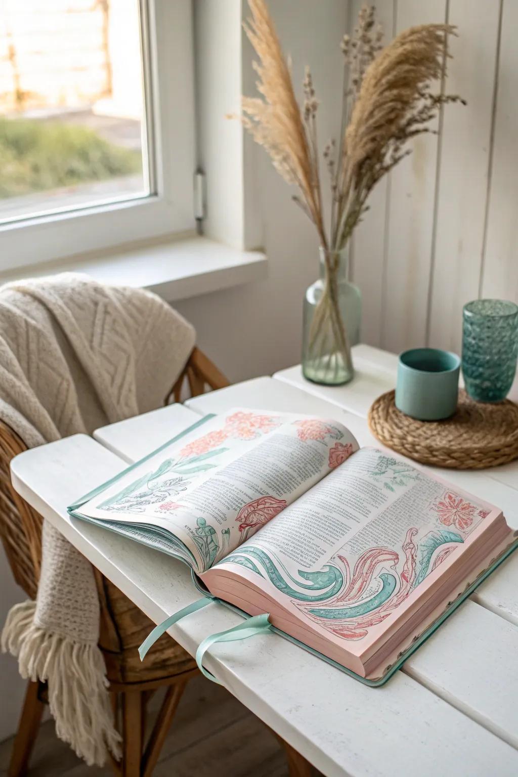 Embrace tranquility with soothing pastel palettes: a harmonious blend of aquas and blush pinks beautifully adorning your Bible.