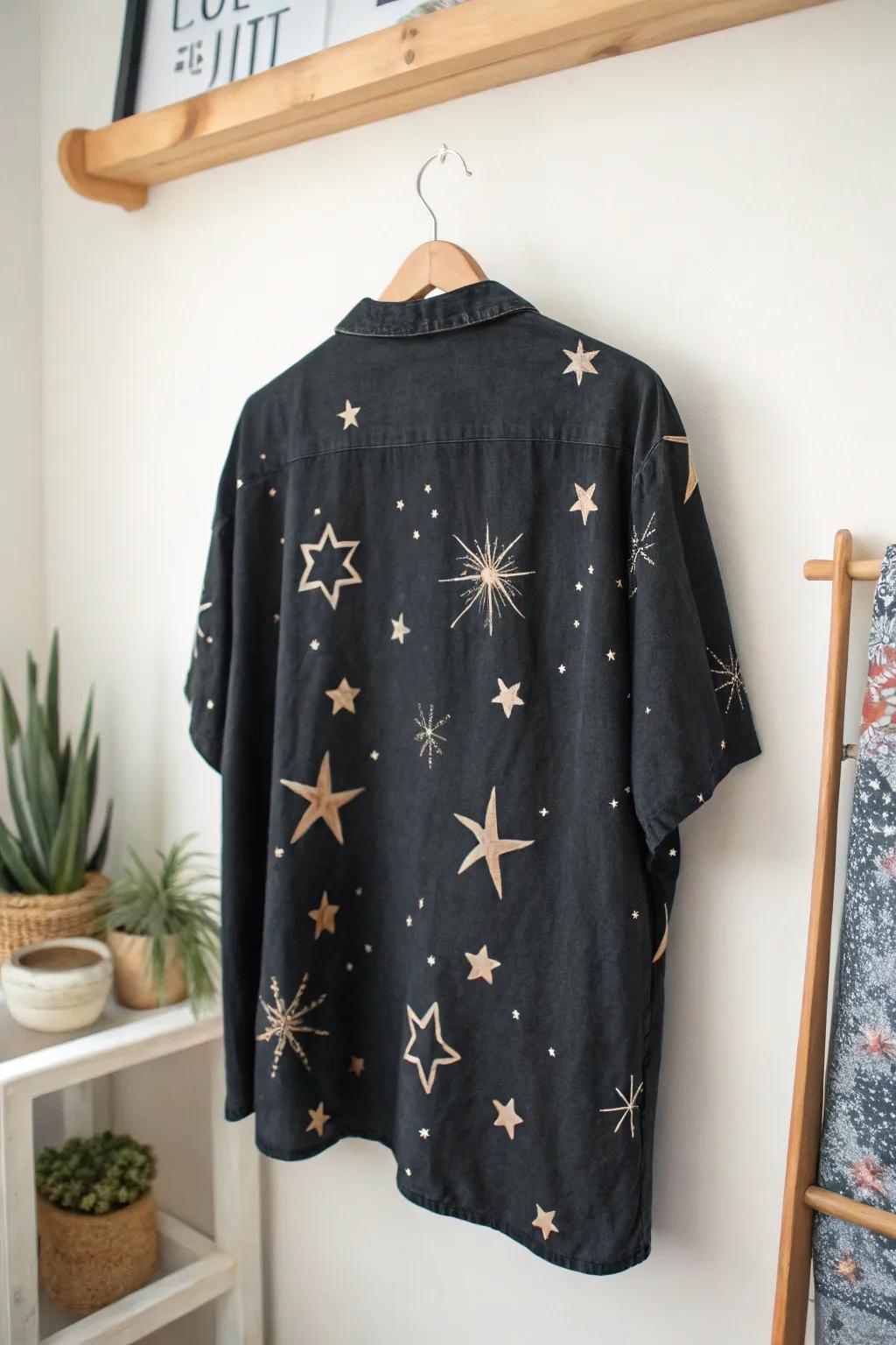 Capture the cosmos in your wardrobe with this Starry Night bleach-dyed shirt, where simplicity meets celestial charm.