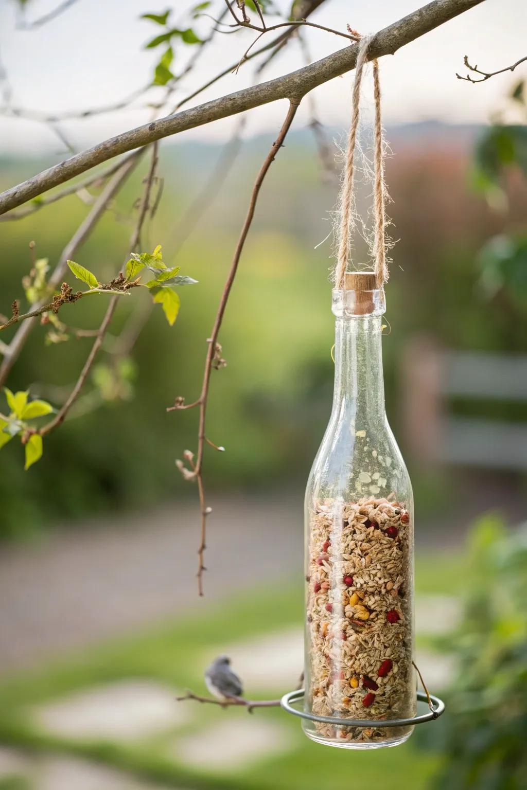 Transform a simple wine bottle into a charming bird feeder and bring nature closer to home.