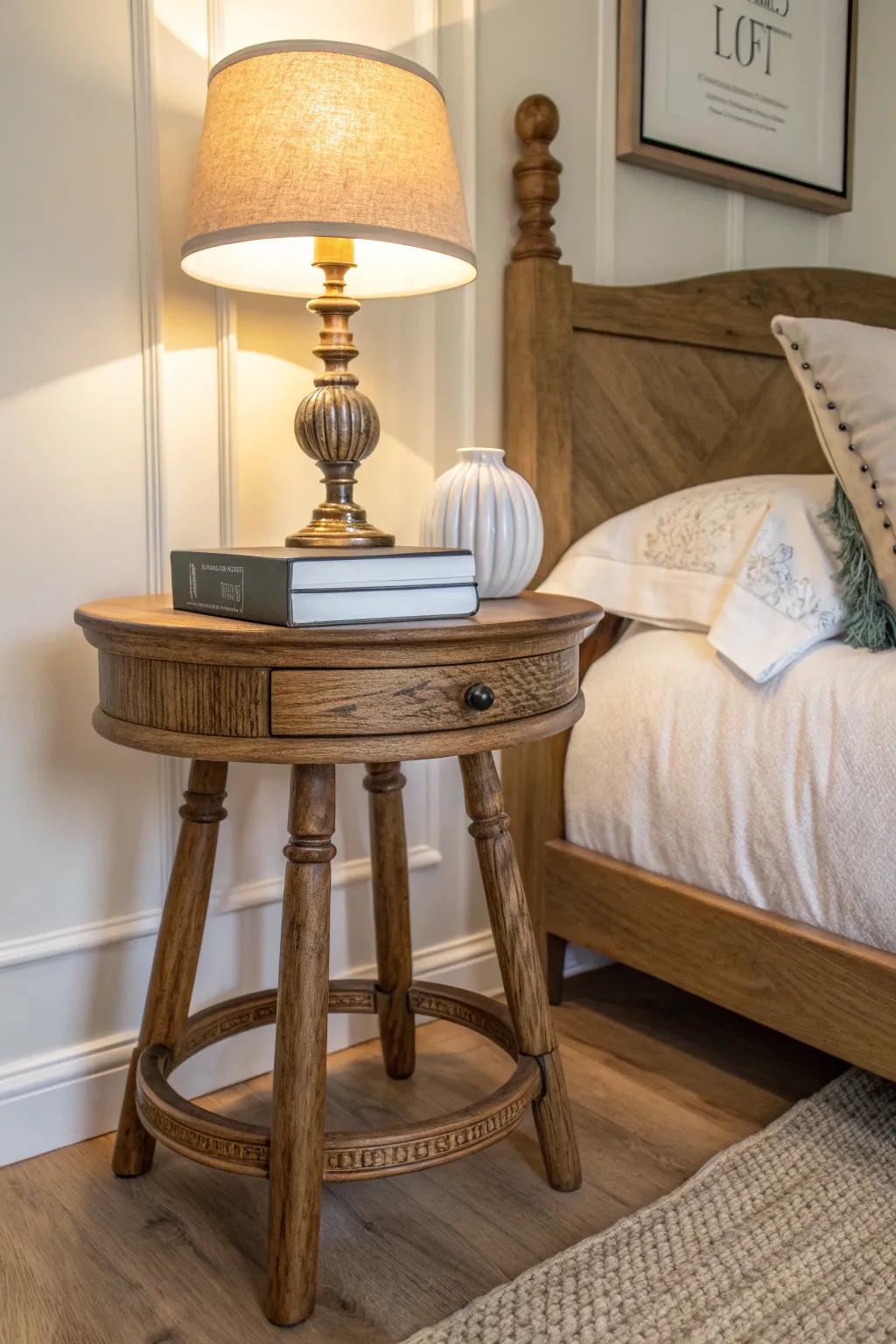 Transform a simple wooden stool into a chic nightstand with a touch of craftsmanship.