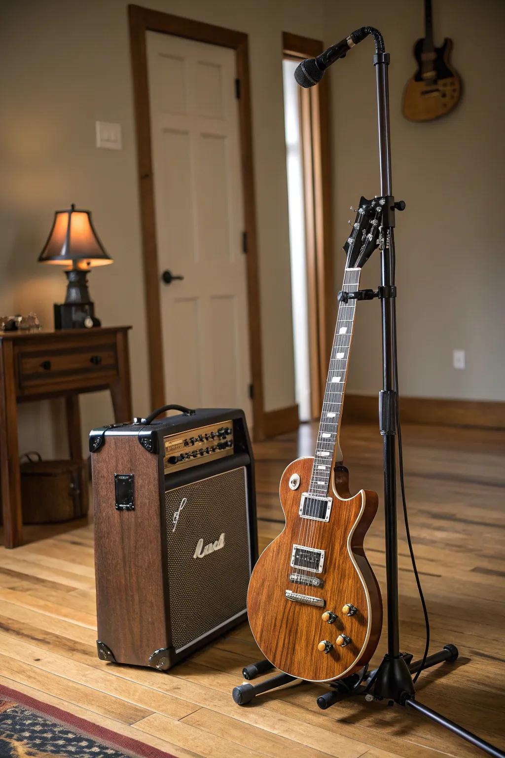 Elevate your sound with style: Discover the perfect balance of form and function in this adjustable height guitar and amp stand.