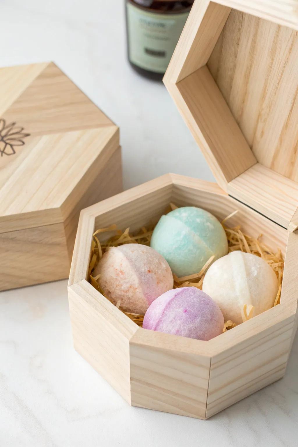Discover the charm of surprises with this beautifully crafted hexagonal box, perfect for your bath bomb collection!