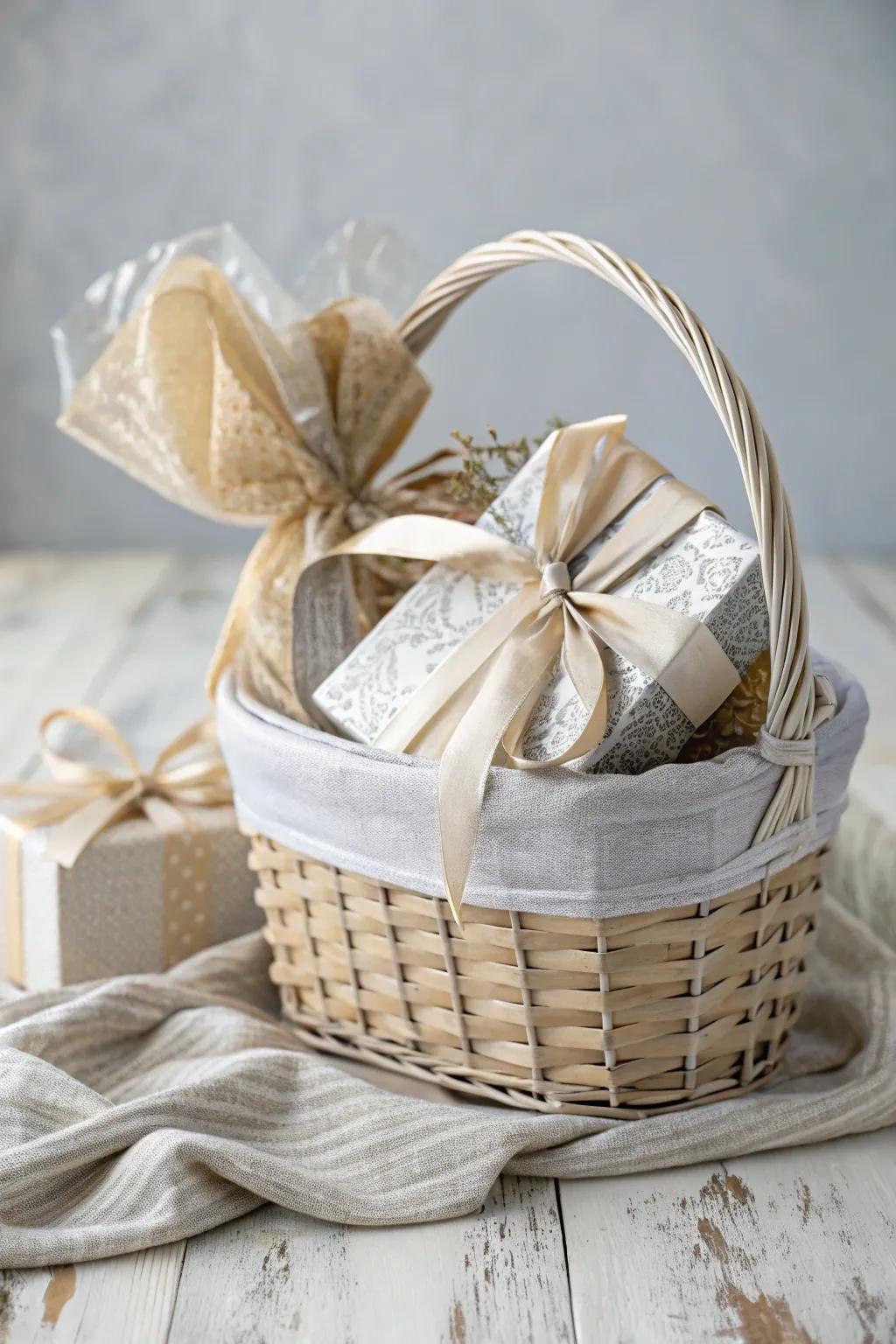 Embrace elegance with neutral tones for your next gift basket. Perfect for any special occasion!