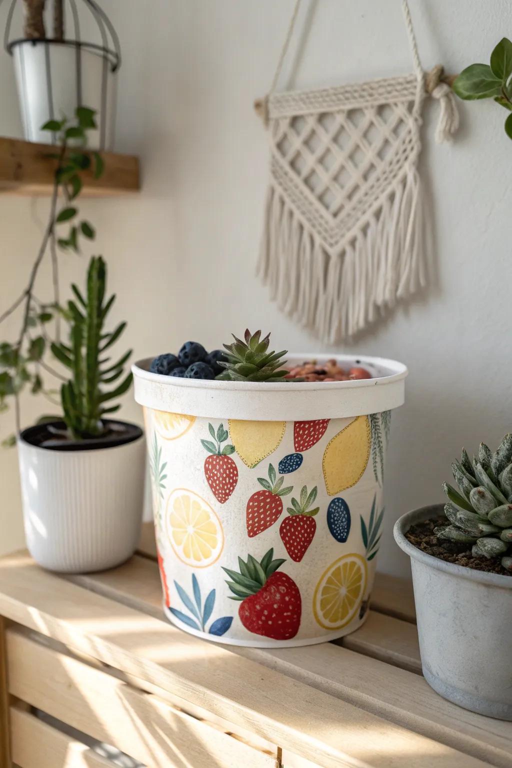 Turn your old ice cream buckets into stunning fruit-themed planters, perfect for adding a splash of color and charm to your kitchen decor!