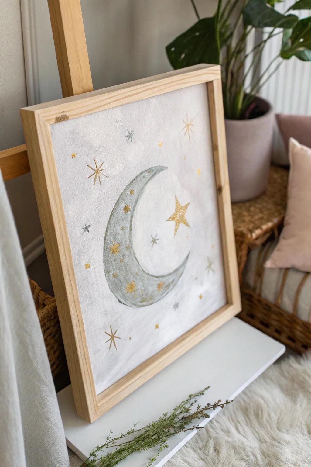 Capture the serenity of the cosmos with this minimalist moon and stars painting—where Scandinavian simplicity meets Boho charm.