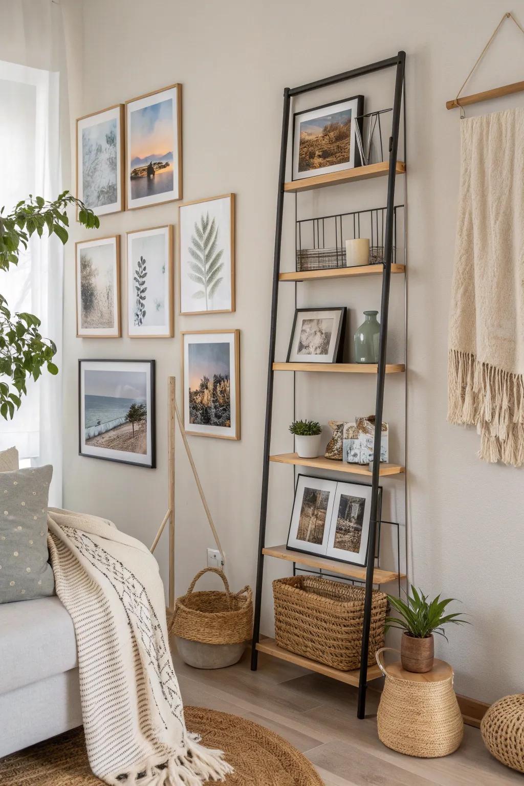 Elevate your space with a touch of Scandinavian-Boho charm: Mix materials for a stunning photo display.