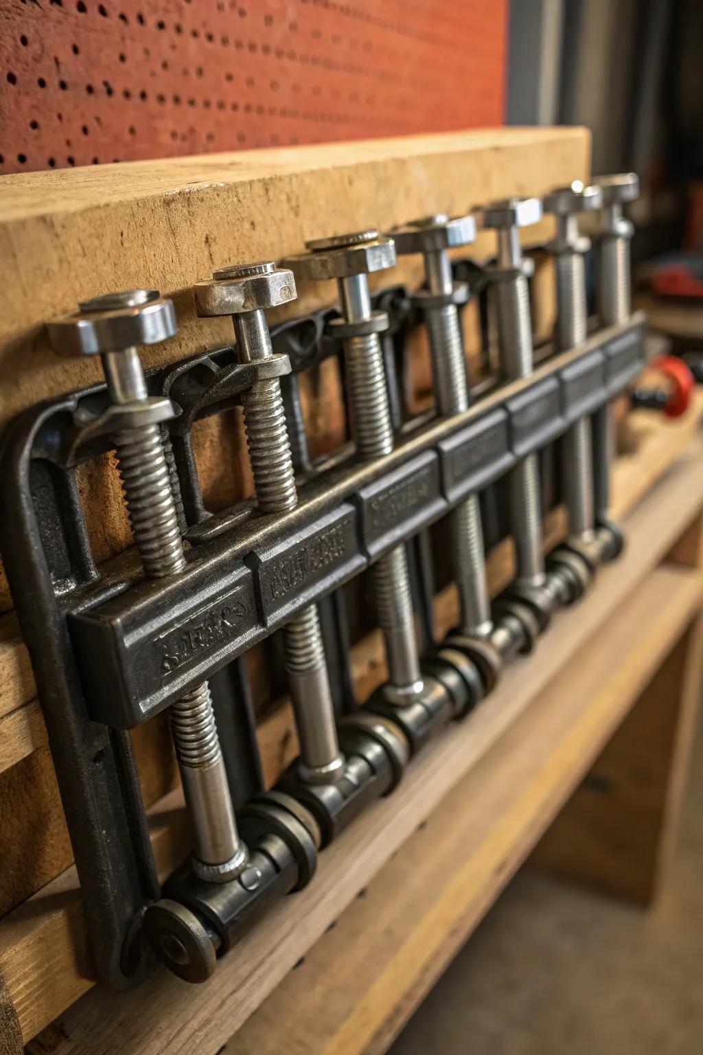 Master the art of organization with a compact clamp arrangement, where craftsmanship meets efficiency.