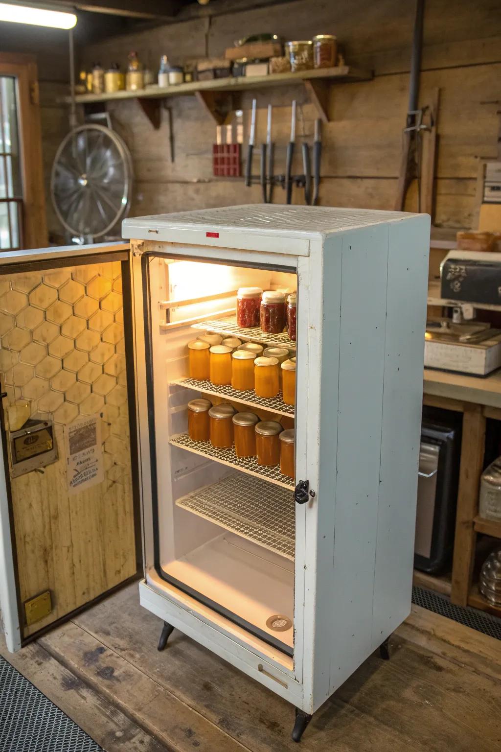 Transform tradition: A vintage freezer turned honey warmer, blending rustic charm with modern craftsmanship.