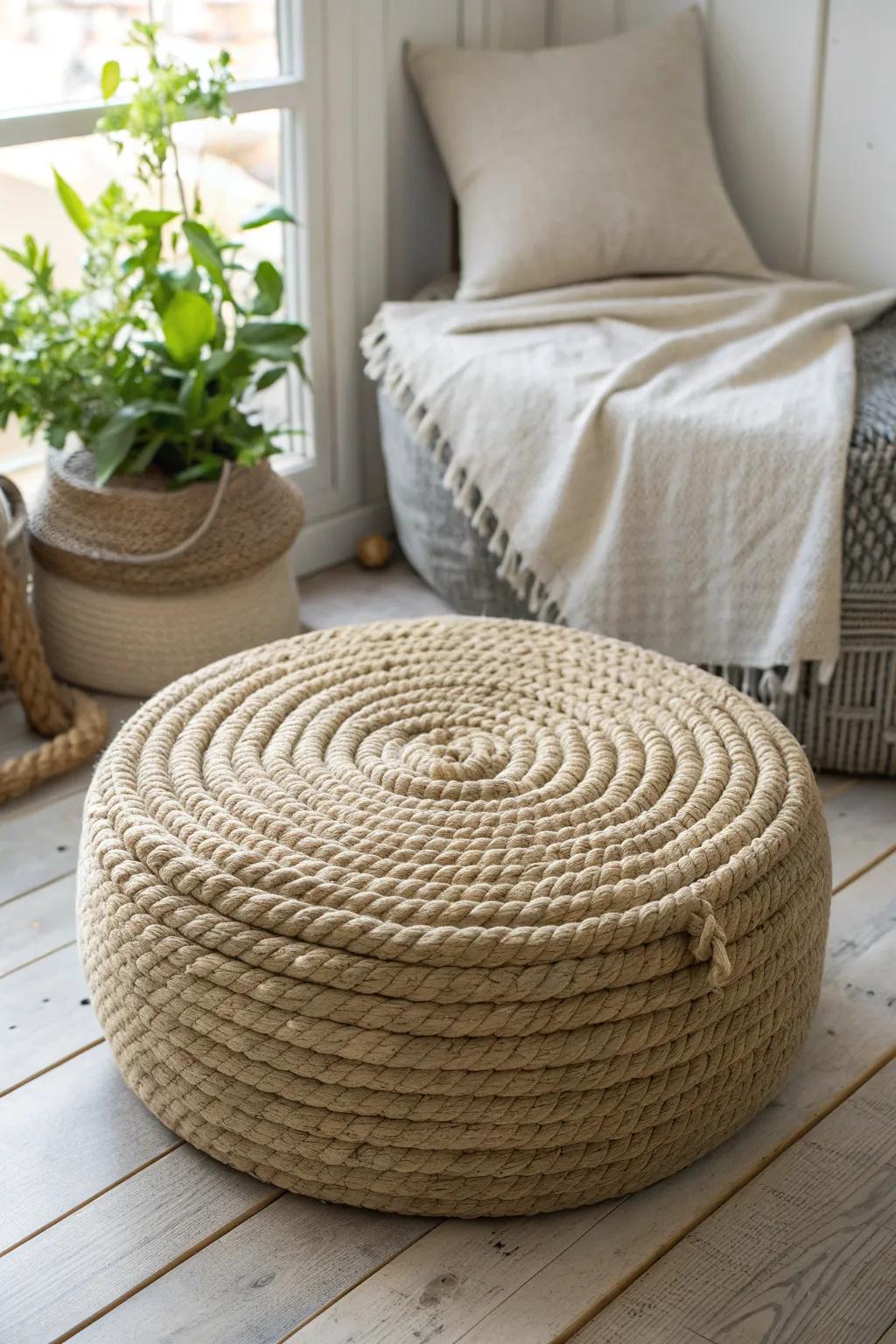Elevate your space with a handcrafted rope ottoman – where simplicity meets style.